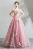 solvbao Pink Tulle Lace Long A-Line Prom Dresses, Pink Evening Dresses