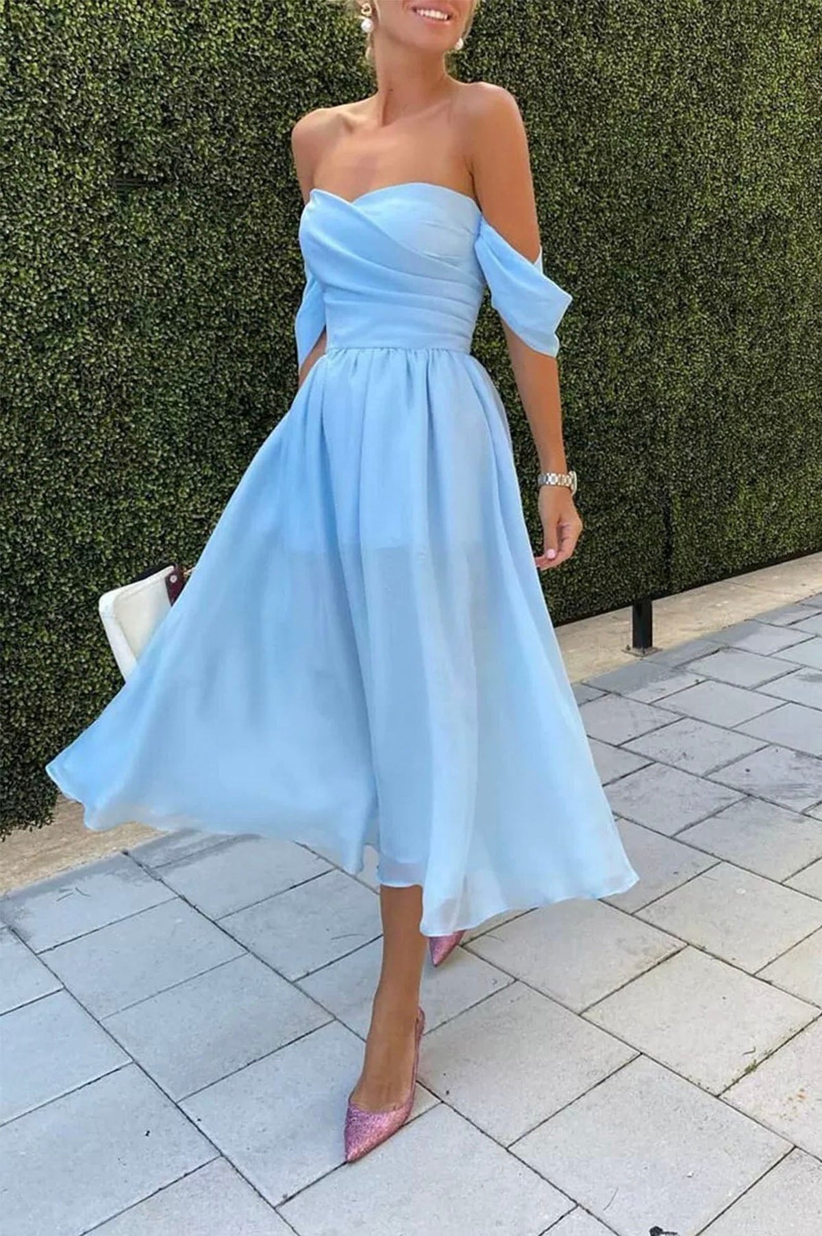 solvbao Blue Chiffon Off the Shoulder Short Prom Dress, A-Line Blue Homecoming Dress