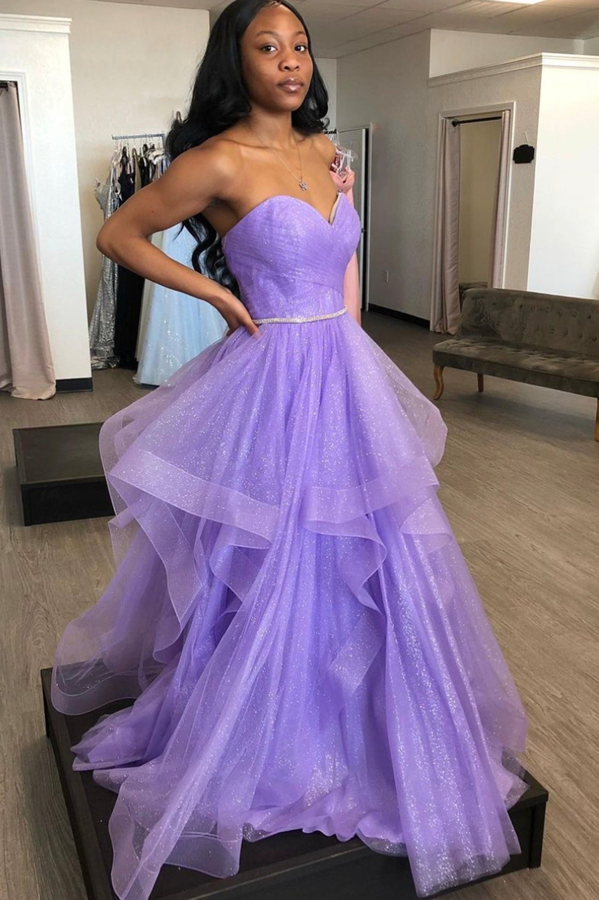 solvbao Purple Strapless Tulle Long Prom Dresses, A-Line Purple Evening Dresses