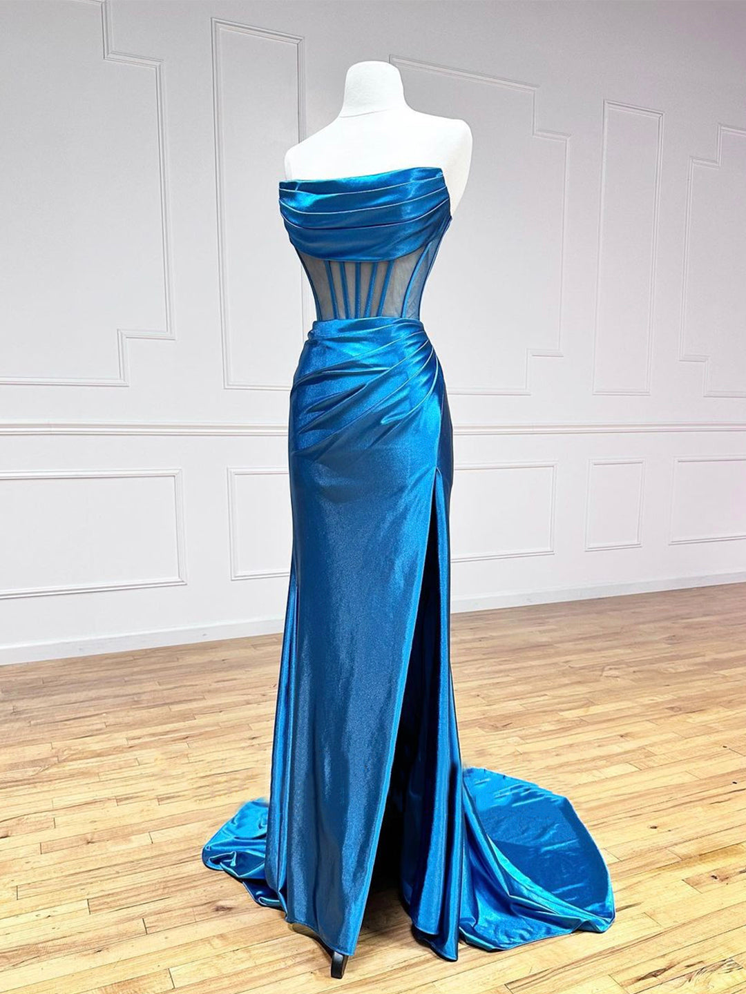 solvbao Blue Strapless Pleated Long Prom Dress, Blue Satin Party Dress