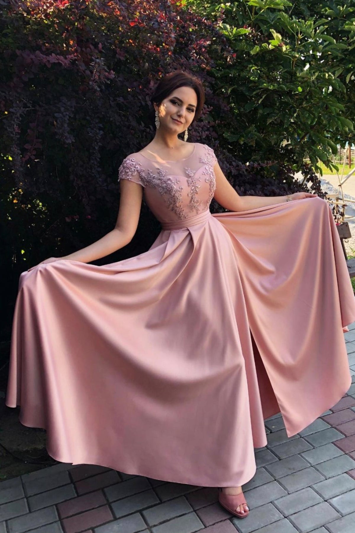 solvbao Pink Scoop Neckline Satin Long Prom Dresses, A-Line Lace Evening Dresses