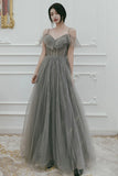 solvbao Gray Tulle Sequins Long Prom Dresses, A-Line Evening Dresses