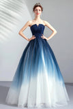 solvbao Blue Gradient Tulle Long Party Dresses, A-Line Elegant Lace-Up Prom Dresses