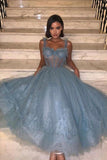 solvbao Gray Blue Lace Tea Length Prom Dress, A-Line Evening Dress with Corset Top