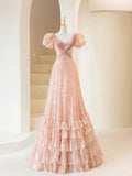 solvbao Pink Sequins Long Prom Dress, Lovely A-Line Short Sleeve Evening Party Dress