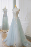 solvbao Blue Tulle Lace Long Prom Dress, A-Line Strapless Evening Dress