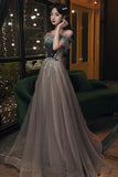 solvbao A-Line Tulle Off the Shoulder Prom Dresses, Gray Evening Dresses