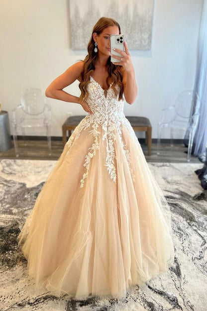 solvbao Champagne V-Neck Lace Long Prom Dresses, A-Line Formal Party Gown