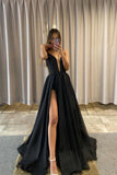 solvbao Black Chiffon Beaded Long Prom Dress, V-Neck Backless Evening Party Dress