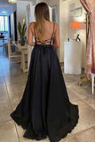 solvbao Black Chiffon Beaded Long Prom Dress, V-Neck Backless Evening Party Dress