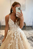 solvbao Champagne V-Neck Lace Long Prom Dresses, A-Line Formal Party Gown