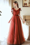 solvbao A-Line Tulle Long Prom Dress, V-Neck Evening Party Dress