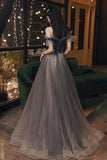 solvbao A-Line Tulle Off the Shoulder Prom Dresses, Gray Evening Dresses