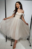 solvbao Champagne Tulle Short Prom Dress, A-Line Off the Shoulder Party Dress