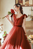 solvbao A-Line Tulle Long Prom Dress, V-Neck Evening Party Dress