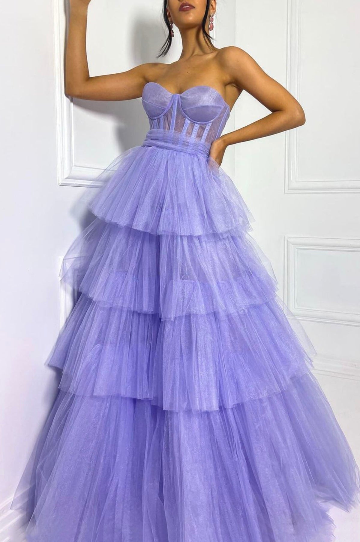 solvbao Purple Strapless Layers Tulle Long Prom Dress, A-Line Evening Dress