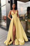 solvbao Yellow V-Neck Satin Long Prom Dress, Simple A-Line Evening Dress