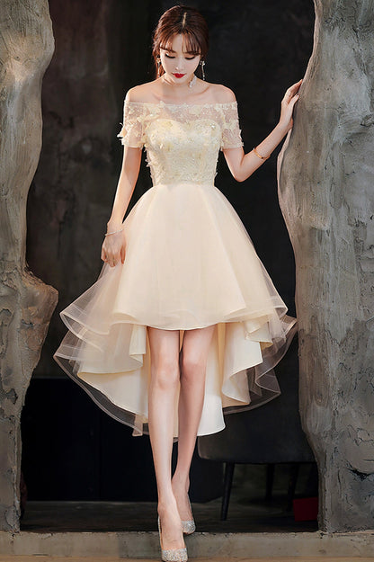 solvbao Champagne Tulle High Low Prom Dresses, A-Line Party Dresses