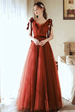 solvbao A-Line Tulle Long Prom Dress, V-Neck Evening Party Dress