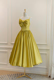 solvbao Yellow Satin Short Prom Dresses, Cute A-Line Bow Homecoming Dresses