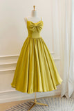 solvbao Yellow Satin Short Prom Dresses, Cute A-Line Bow Homecoming Dresses