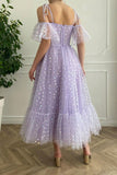 solvbao Purple Tulle Short Prom Dresses, A-Line Off the Shoulder Evening Dresses