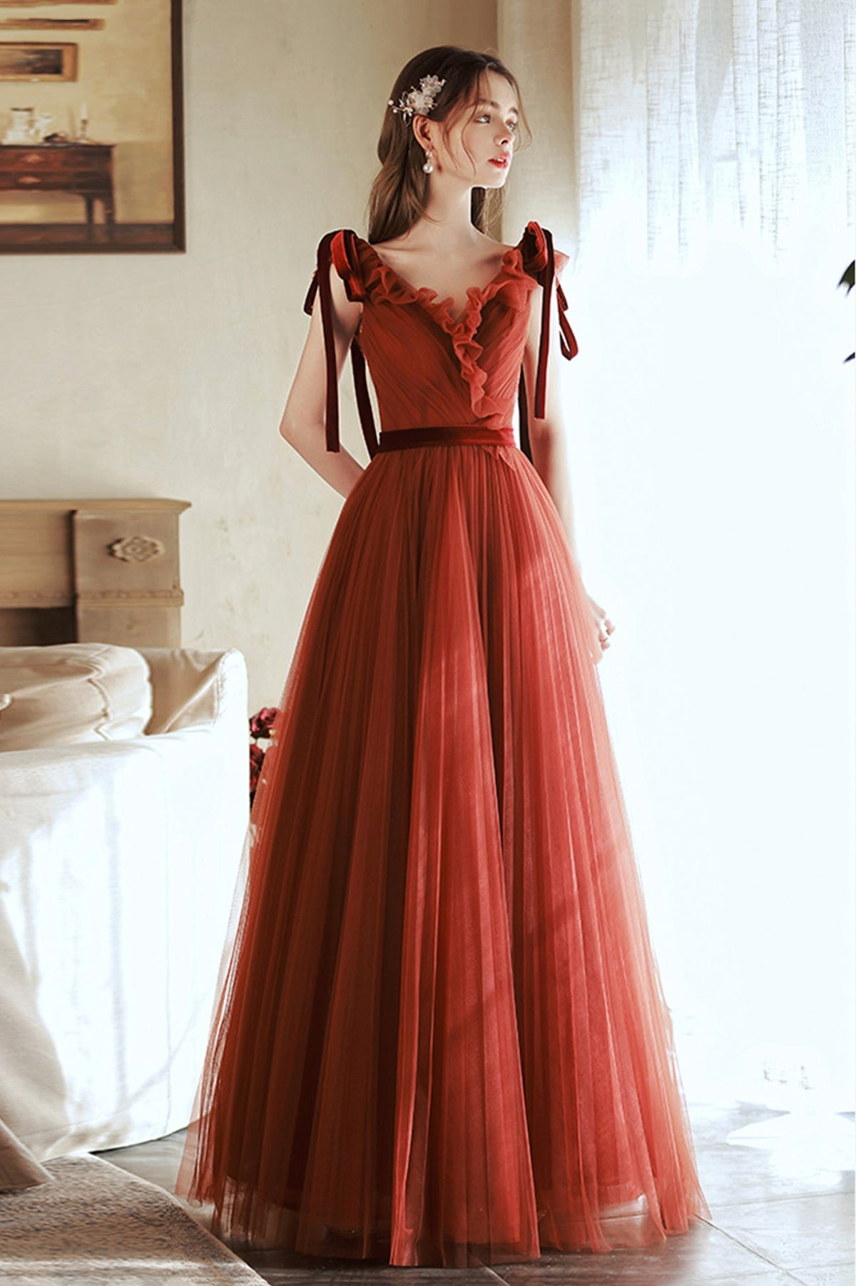 solvbao A-Line Tulle Long Prom Dress, V-Neck Evening Party Dress