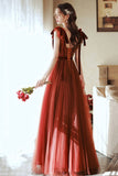 solvbao A-Line Tulle Long Prom Dress, V-Neck Evening Party Dress