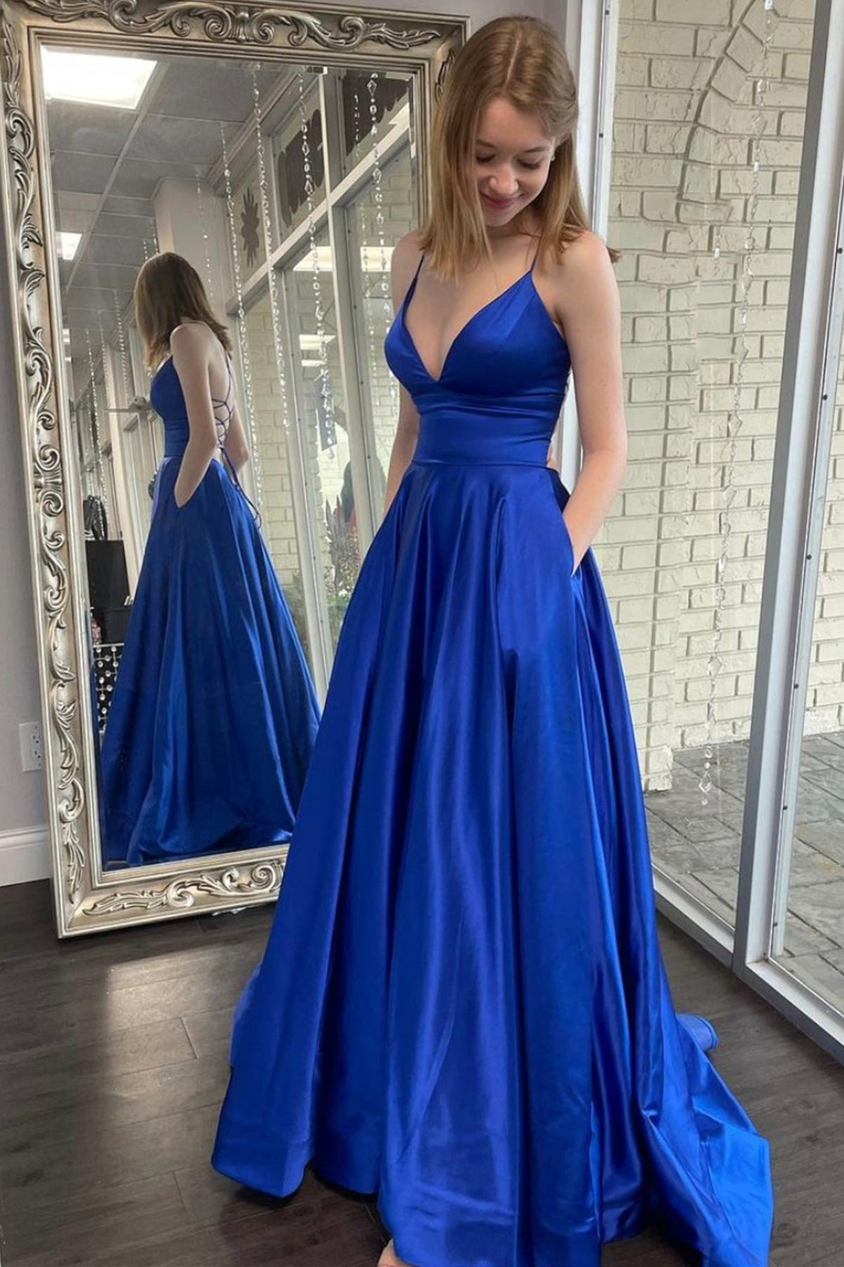 solvbao Blue Satin Long Prom Dresses, A-Line Backless Evening Dresses with Pockets