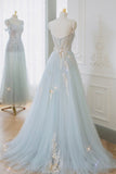 solvbao Blue Tulle Lace Long Prom Dress, A-Line Strapless Evening Dress