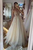 solvbao Champagne Tulle Lace Long Prom Dresses, A-Line Evening Dresses with Feather