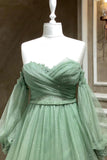 solvbao Green Tulle Long Sleeve Prom Dress, A-Line Off the Shoulder Evening Dress