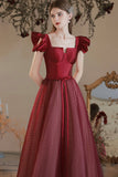 solvbao Burgundy Satin Tulle Long Prom Dress, A-Line Evening Dress