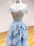 solvbao Blue Tulle Sequins Long Prom Dress, Beautiful Off Shoulder Evening Dress