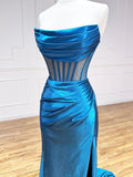 solvbao Blue Strapless Pleated Long Prom Dress, Blue Satin Party Dress