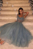 solvbao Gray Blue Lace Tea Length Prom Dress, A-Line Evening Dress with Corset Top