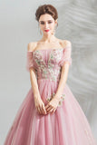 solvbao Pink Tulle Lace Long A-Line Prom Dresses, Pink Evening Dresses