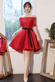 solvbao Red Satin Lace Short Prom Dresses, A-Line Evening Party Dresses