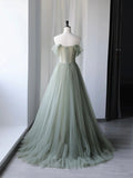 solvbao Beautiful Green Tulle Long Prom Dress, Off Shoulder Evening Dress