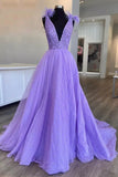 solvbao Purple V-Neck Tulle Sequins Long Prom Dress, A-Line Evening Party Dress