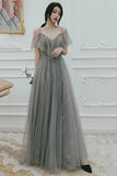 solvbao Gray Tulle Sequins Long Prom Dresses, A-Line Evening Dresses