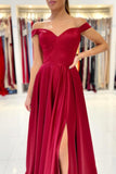 solvbao Burgundy Satin Long Prom Dresses, A-Line Off the Shoulder Evening Dresses