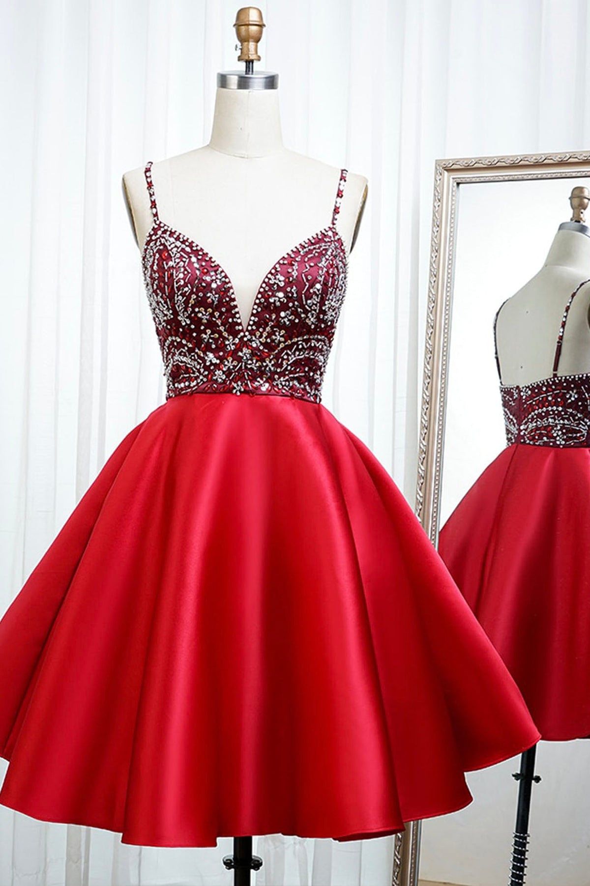 solvbao Red Satin Beading Short Prom Dresses, A-Line Homecoming Dresses