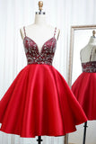 solvbao Red Satin Beading Short Prom Dresses, A-Line Homecoming Dresses