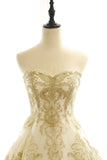 solvbao Long Champagne Strapless Tulle Lace Prom Dress, A-Line Evening Dress with Train