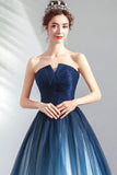 solvbao Blue Gradient Tulle Long Party Dresses, A-Line Elegant Lace-Up Prom Dresses