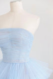 solvbao Blue Layers Tulle Long Prom Dresses, A-Line Strapless Evening Dresses