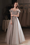 solvbao Gray Tulle Sequins Long Prom Dresses, A-Line Off the Shoulder Evening Dresses