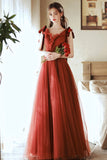 solvbao A-Line Tulle Long Prom Dress, V-Neck Evening Party Dress