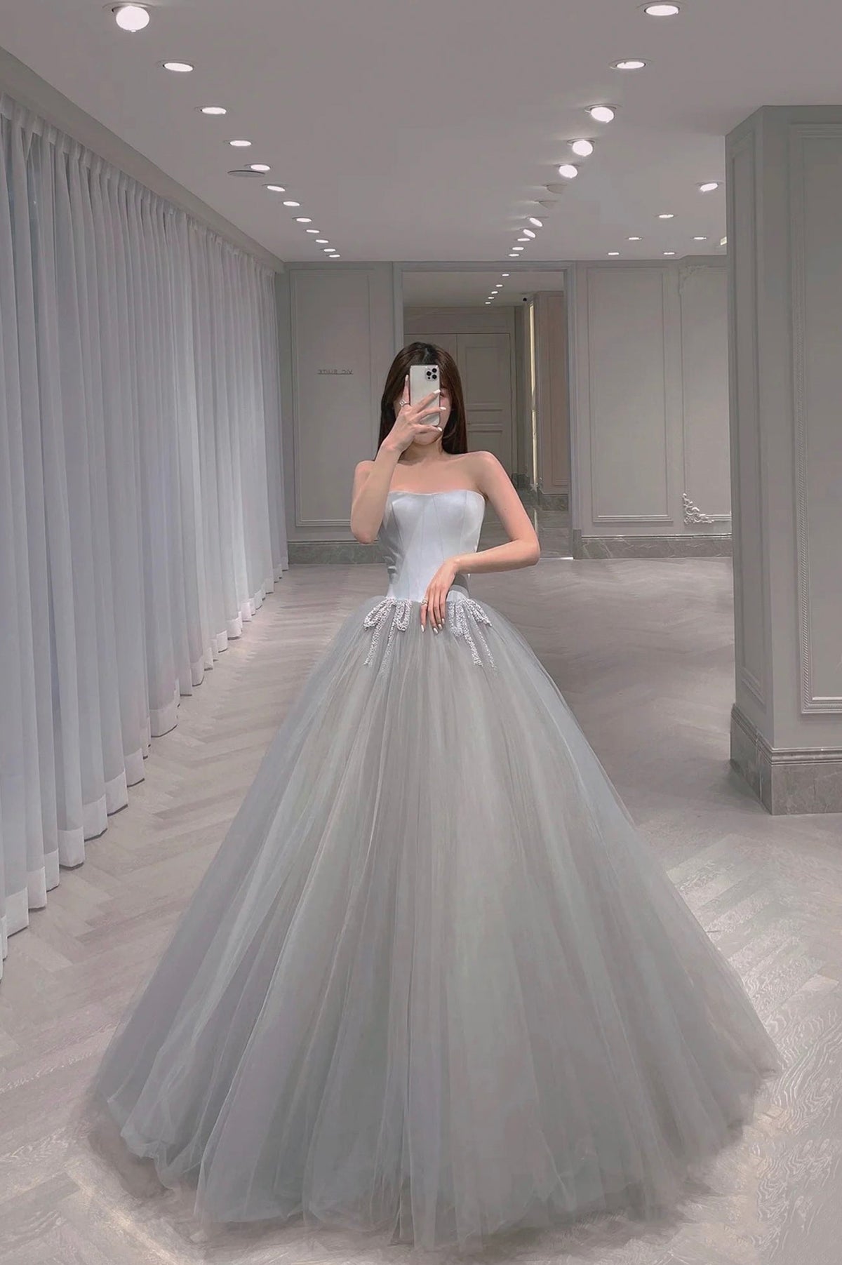 solvbao Gray Strapless Tulle Long Prom Dress, A-Line Evening Party Gown